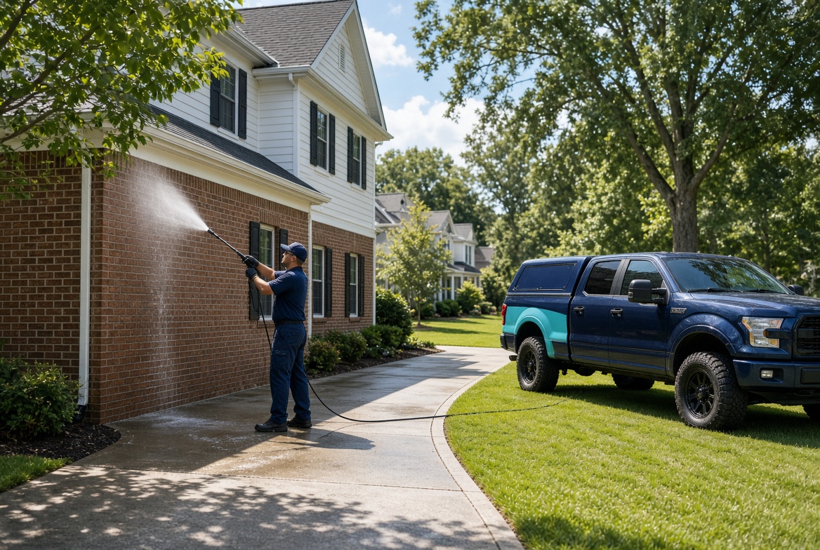 Pressure washing a brick home exterior